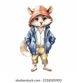 watercolor Mammal wearing clothes playful funny white background isolated. vector illustration