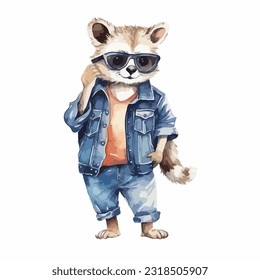 watercolor Mammal wearing clothes playful funny white background isolated. vector illustration