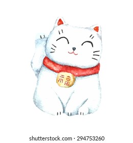 Watercolor Maneki neko. Hand draw japanese lucky cat. Vector illustrations.