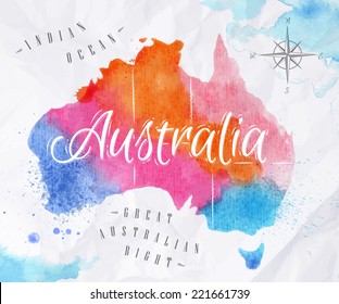 Watercolor Map Of Australia In Pink And Blue Colors On A Background Of Crumpled Paper