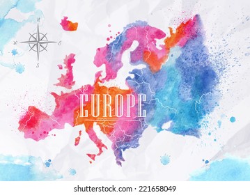 Watercolor map of Europe in pink and blue colors on a background of crumpled paper