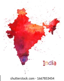 Watercolor map of India. Stylized image with spots and splashes of paint