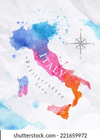 Watercolor map of Italy in pink and blue colors on a background of crumpled paper