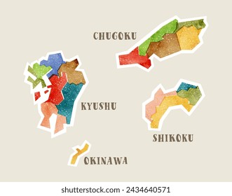 Watercolor map of Japan, Chugoku, Shikoku, Kyushu, Okinawa (off-register design)