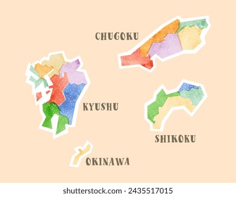 Watercolor map of Japan, Chugoku, Shikoku, Kyushu, Okinawa (off-register design)