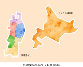 Watercolor map of Japan, Hokkaido and Tohoku (off-register design)