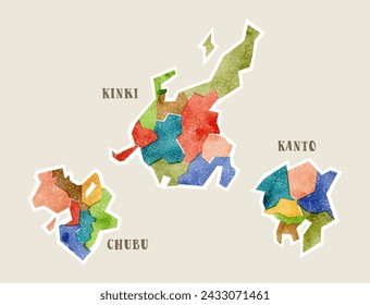 Watercolor map of Japan, Kanto, Chubu, Kinki (off-register design)
