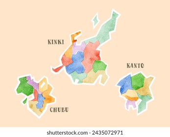 Watercolor map of Japan, Kanto, Chubu, Kinki (off-register design)