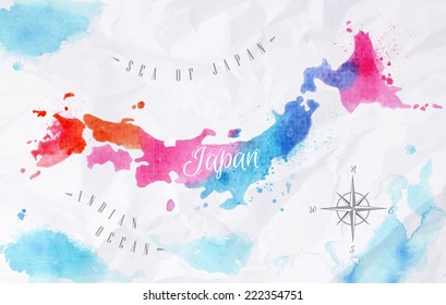 Watercolor map of Japan in pink and blue colors on a background of crumpled paper