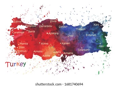 Watercolor map of Turkey with cities. Stylized image with spots and splashes of paint