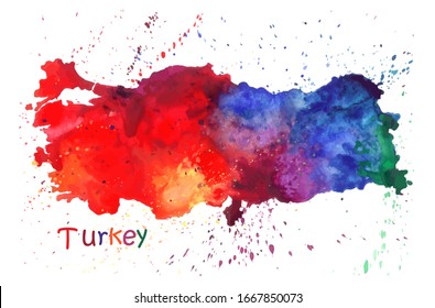 Watercolor map of Turkey. Stylized image with spots and splashes of paint. Vector illustration