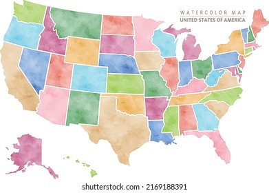 Watercolor map of USA, United States Of America