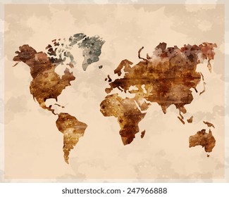 Watercolor map of the world, brown color, retro vintage style, vector art illustration.