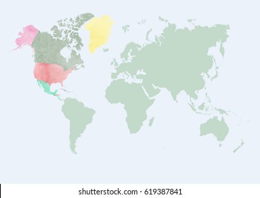 Watercolor map of the world with countries in watercolor effect