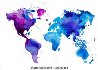 watercolor map of the world isolated on white