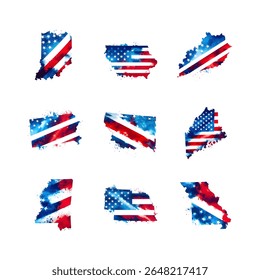 Watercolor maps of United States, incorporating American flag colors in a patriotic design, perfect for political graphics and geographic representation.