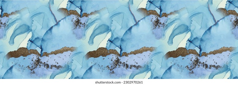 Watercolor Marble. Gold Marble Watercolor. Vector Ink Canvas. Luxury Metal Texture. Foil Oriental Background. Fluid Seamless Background. Luxury Abstract Ink Template. Blue Art Paint. Foil Alcohol Ink