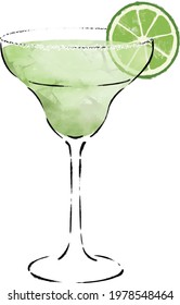 Watercolor margarita cocktail drink illustration with lime and ice, isolated vector on white background