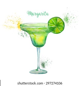  Watercolor Margarita Cocktail in Glass with Lime Slice Isolated on White Background. Vector Illustration.