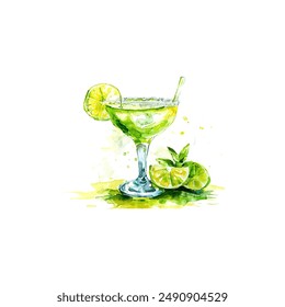 Watercolor Margarita with Lime Garnish. Vector illustration design.