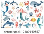 Watercolor marine animals. Water inhabitants. Cute mermaids, fishes, crab, octopus, dolphin. Hand drawn underwater sea life