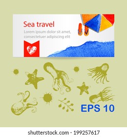 Watercolor marine background. Vector. Can be used for wallpaper, background, pack, web page, banners.
