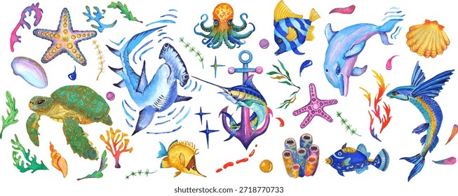 Colección de Elementos marinos de acuarela con peces, delfines, tortugas, pulpos, estrellas de mar, conchas, corales, algas y anclas. Estilo pintado a mano, colorido, aislado en el fondo blanco para el diseño y el uso común.