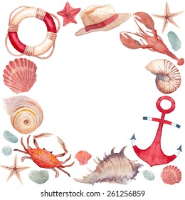 Watercolor marine frame. Round frame with isolated hand painted nautical objects: starfish, sea shells, lifebuoy ring, anchor, lobster, crab, stones, summer hat. Vector nautical background