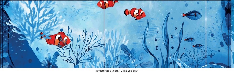 Watercolor Marine life background with Tropical fish
