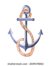Watercolor marine metal anchor with rope on white background