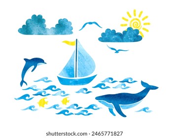 Watercolor marine vector illustration with sailing boat and sea animals