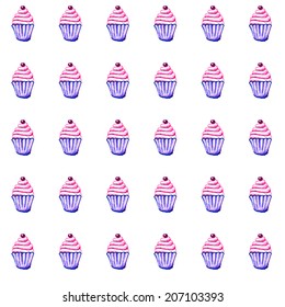 watercolor marker pen hand painted seamless cupcake pattern vector background. hand painted pattern background