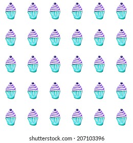 watercolor marker pen hand painted seamless cupcake pattern vector background. hand painted pattern background