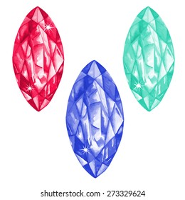 Watercolor marquis cut gems collection isolated on white background