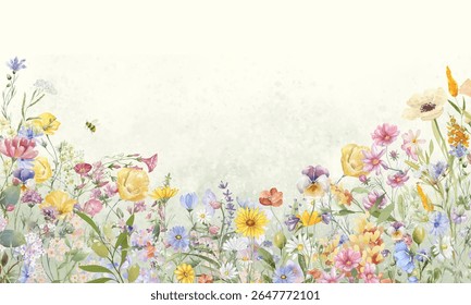 Aquarela prado flores borda de papoula, camomila, buttercup, campanula e sábio. Cartão floral pintado à mão de flores silvestres isolados sobre fundo branco. Ilustração para design, impressão, plano de fundo	