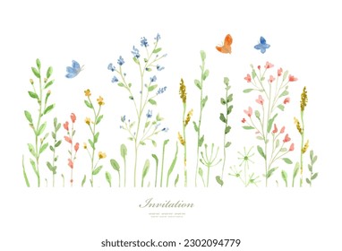 Aquarellblumen. Vektorgrafik. Banner mit blühendem Gras und fliegenden Schmetterlingen. Skizze von Feldpflanzen für Ihr Design