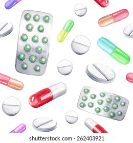 Watercolor medicine tablets and pills, capsules pattern. Hand drawn seamless texture with pharmaceutical objects isolated on white background. Vector repeating background