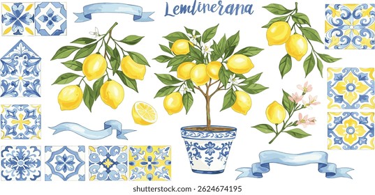Watercolor mediterranean set, juicy lemons, leaves, flowers, Italian tiles