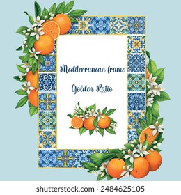 Aquarell mediterrane traditionelle Fliesen Rahmen mit Orangen