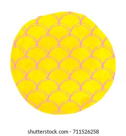 Watercolor mermaid background. Hand drawn round backdrop with fish scale ornament. Bright colors. Watercolor mermaid tail banner and invitation. Girl underwater and sea pattern. Yellow vector.