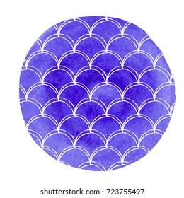 Watercolor mermaid background. Hand drawn round backdrop with fish scale ornament. Bright colors. Watercolor mermaid tail banner and invitation. Girl underwater and sea pattern. Blue vector.