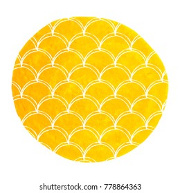 Watercolor mermaid background. Hand drawn round backdrop with fish scale ornament. Bright colors. Watercolor mermaid tail banner and invitation. Girl underwater and sea pattern. Yellow vector.