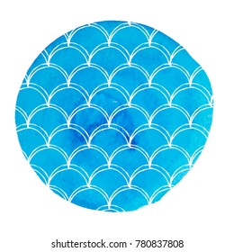 Watercolor mermaid background. Hand drawn round backdrop with fish scale ornament. Bright colors. Watercolor mermaid tail banner and invitation. Girl underwater and sea pattern. Blue vector.