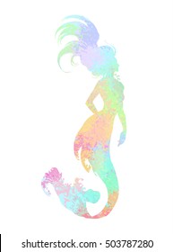 Watercolor mermaid. Realistic Silhouette sketch of singing mermaid in water splashes. Vector illustration.