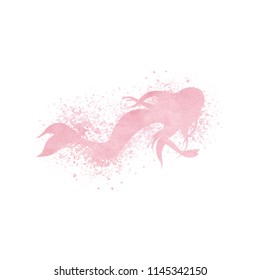 Watercolor mermaid silhouette with paint splatter and spray effect in pink pastel colors isolated on the white background. Abstract vector fantasy woman illustration.