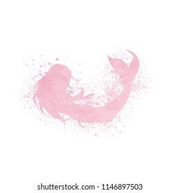 Watercolor mermaid silhouette with paint splatter and spray effect in pink pastel colors isolated on the white background. Abstract vector fantasy girl illustration.