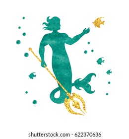 Watercolor Merman Silhouette. Vector Illustration Of Male Mermaid. 