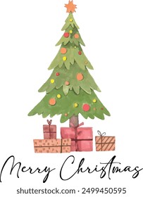 Watercolor Merry Christmas gift vector, Merry Christmas gift box in hand, Christmas tree vector