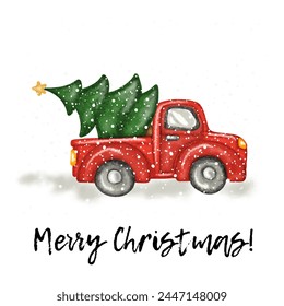 Watercolor Merry Christmas greeting card with retro red truck, vintage car and Christmas tree