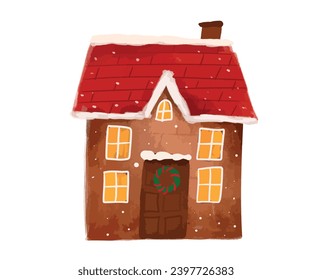 Watercolor Merry Christmas illustration, New Year's festive house. Gingerbread house with red roof and wreath. Vector clip art element, ready to print. Suits for invitation, card, decoration, stickers